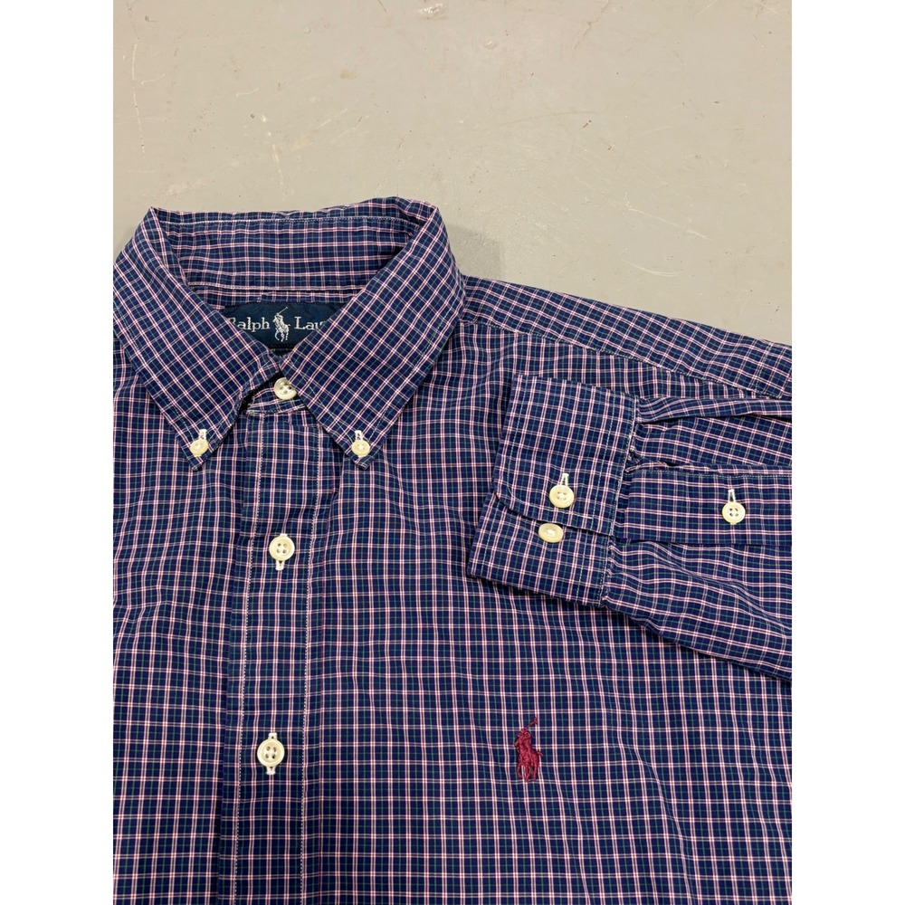 Ralph Lauren Yarmouth Mens 16 32/33 Plaid Button Down Shirt Navy Blue Cotton